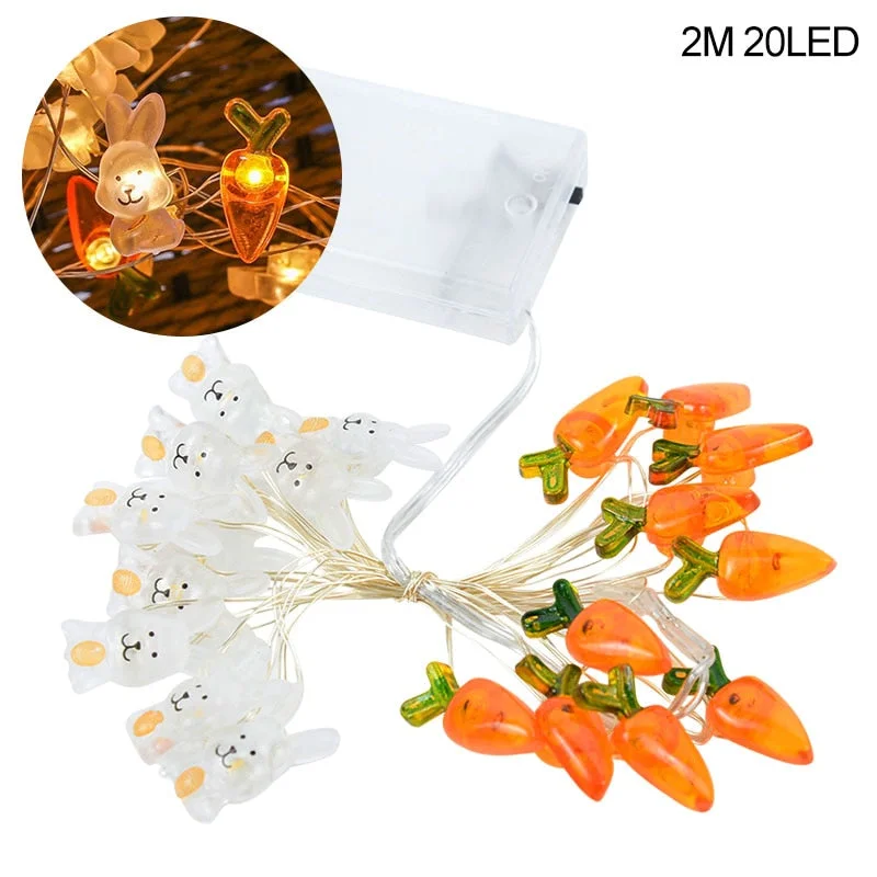 2M 20 LED Cute Bunny Carrot Light String Easter Decorations for Home Battery Powered Lanterns Easter Party Supplies Kids Gift