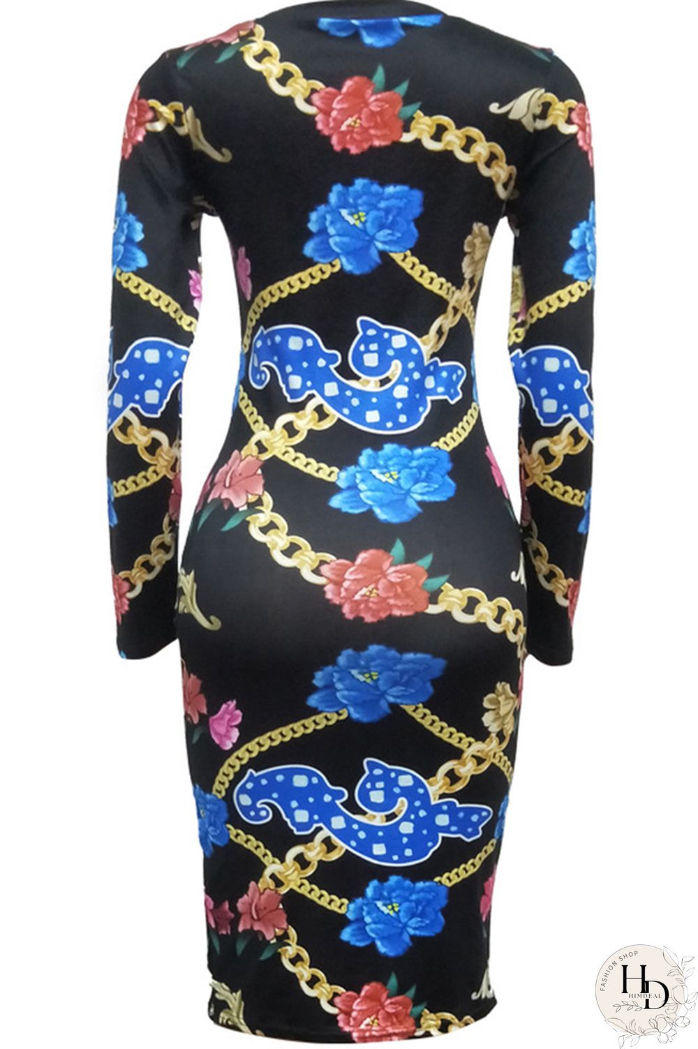 Blue Milk. Europe and America Cap Sleeve Long Sleeves O neck Pencil Dress Mid-Calf Patchwork Print Club