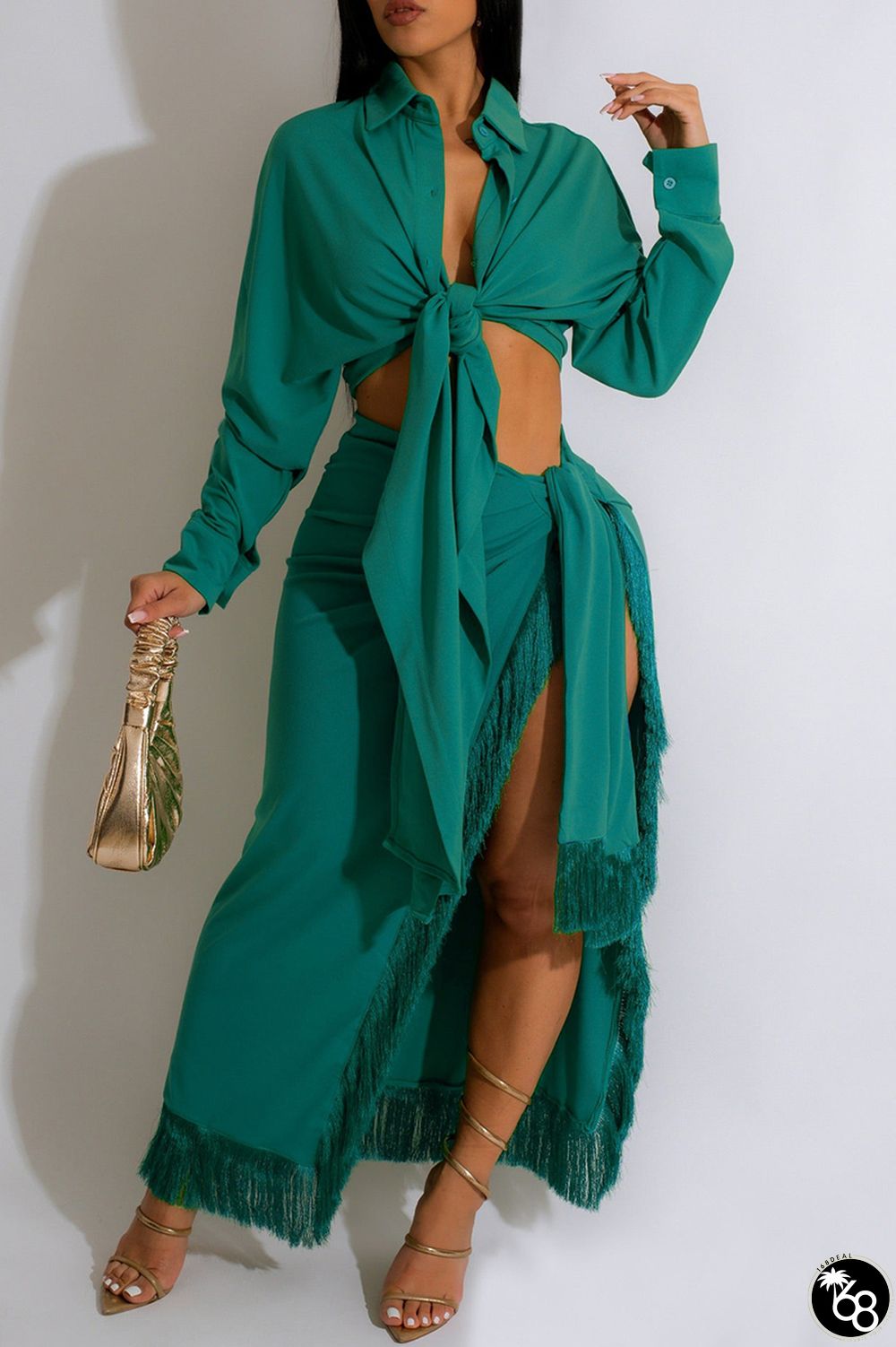 Green Casual Solid Frenulum Slit Turndown Collar Long Sleeve Two Pieces | 168DEAL