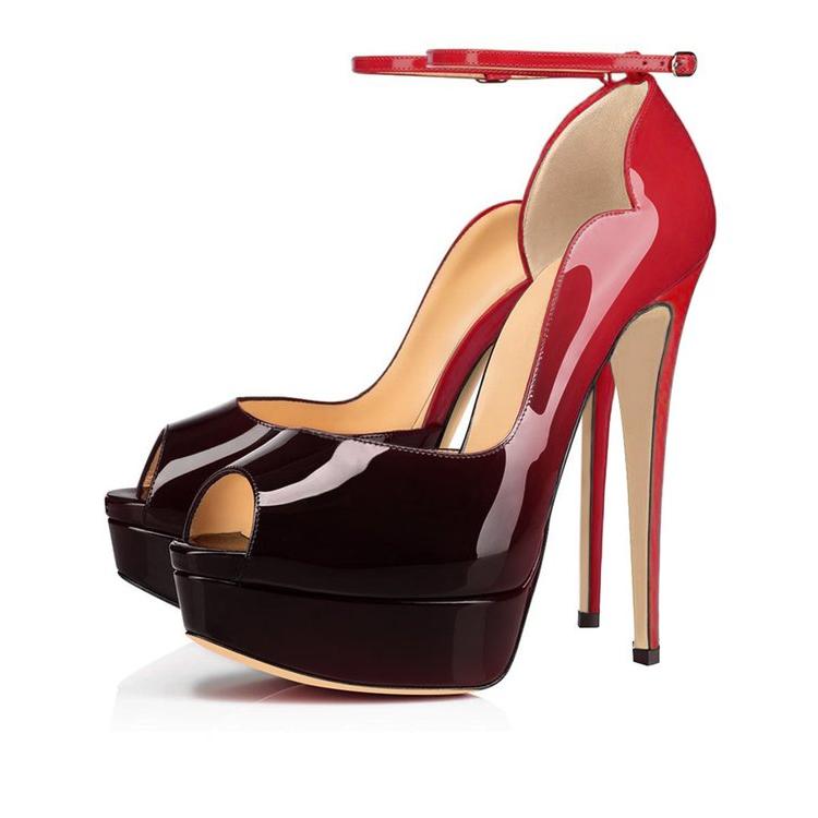 15cm/5.9 inch Ankle Strap Platform Shoes High Heels Peep Toe Patent Pumps
