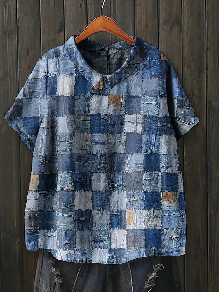 Women's Lapel Vintage Denim Color Patchwork Pattern Cotton Blouse