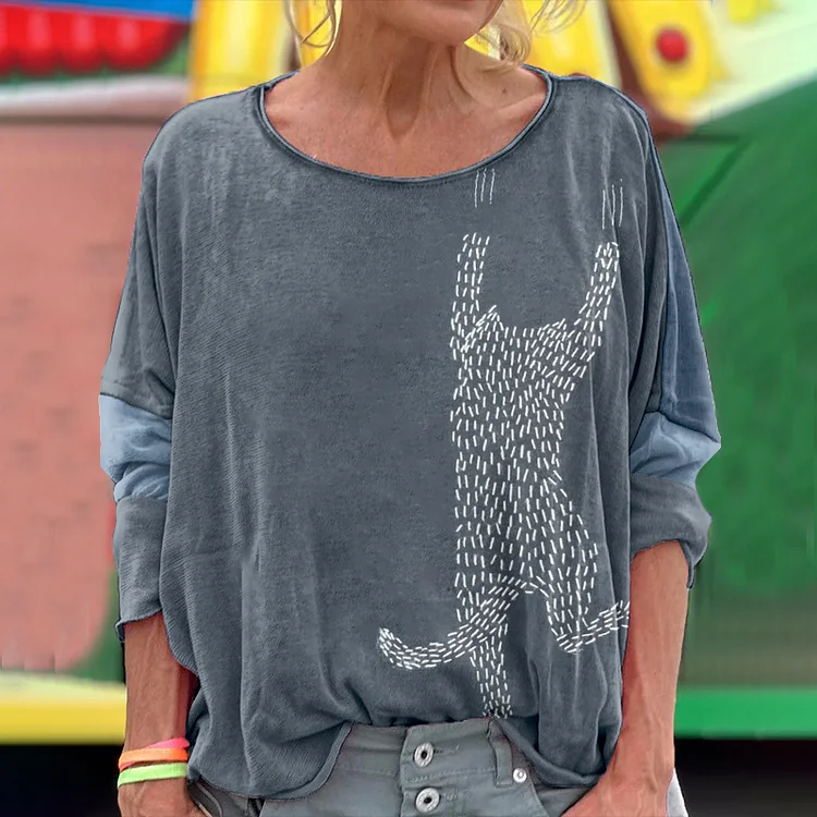 Women's Funny Cat Japanese Art Embroidered Long Sleeve T-shirt
