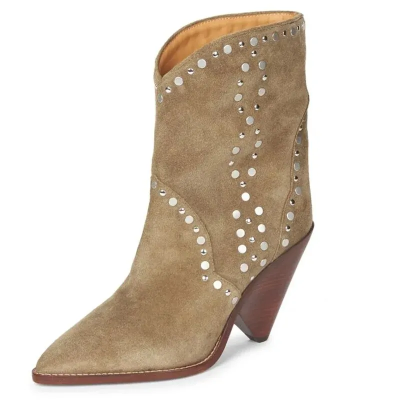 VCSHOES Women Rivets Studded Suede Ankle Boots Pointed Toe Wooden Grain Spikes Heels Boots Zapatos Ladies Botas