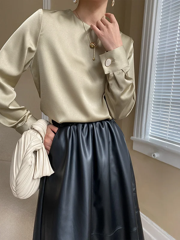 Casual Long Sleeves Loose Solid Color Round-Neck Blouses&Shirts Tops