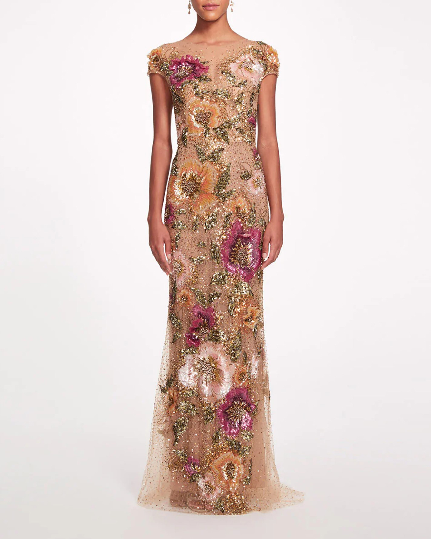 Bright Gold Mesh And Sequined Floral Embroidered Dress