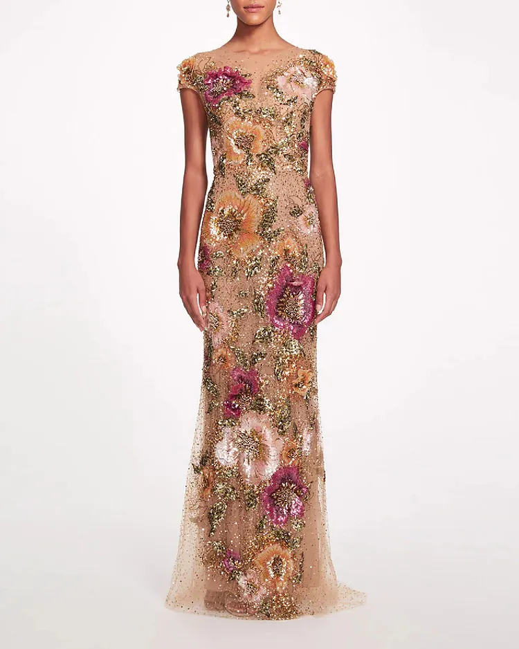 Bright Gold Mesh And Sequined Floral Embroidered Dress
