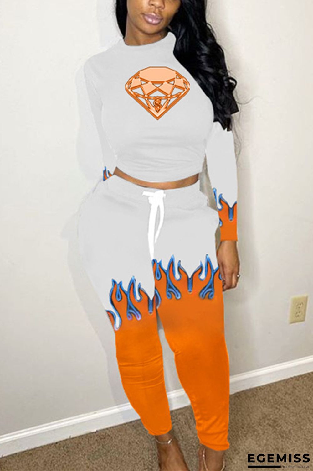 White Fashion Casual Print Basic O Neck Long Sleeve Two Pieces | EGEMISS