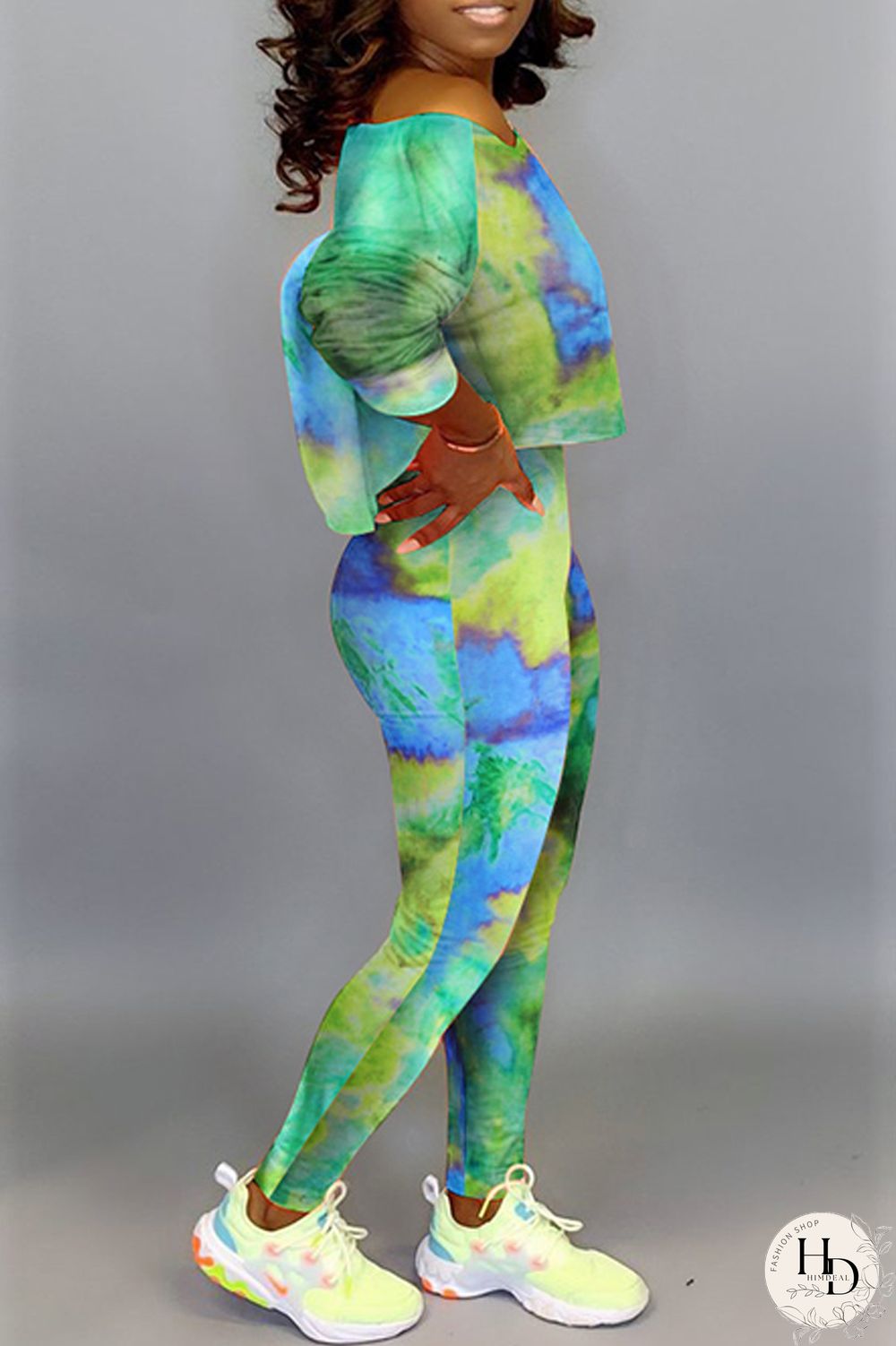 Green Fashion Casual Print Tie-dye Oblique Collar Long Sleeve Two Pieces