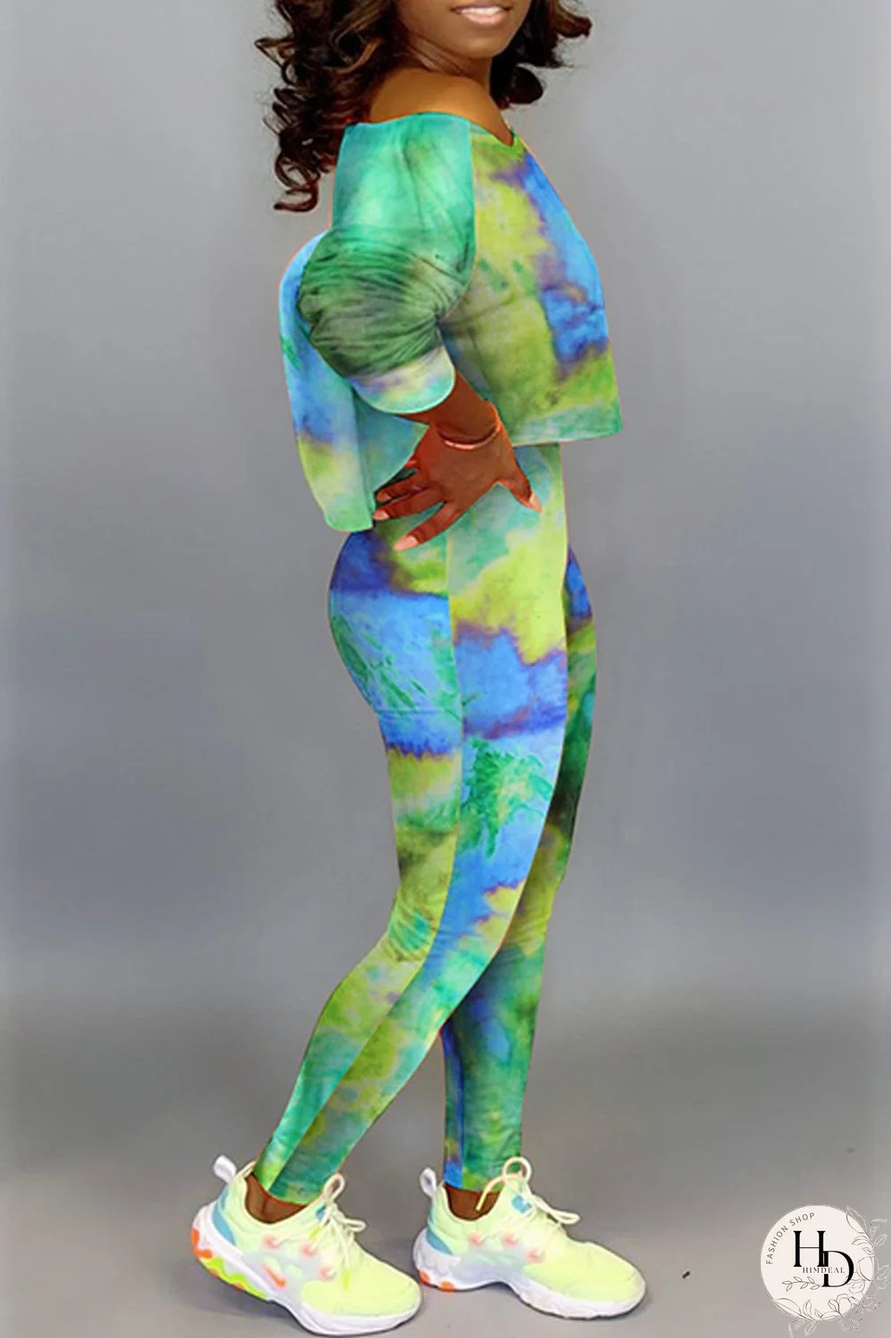 Green Fashion Casual Print Tie-dye Oblique Collar Long Sleeve Two Pieces