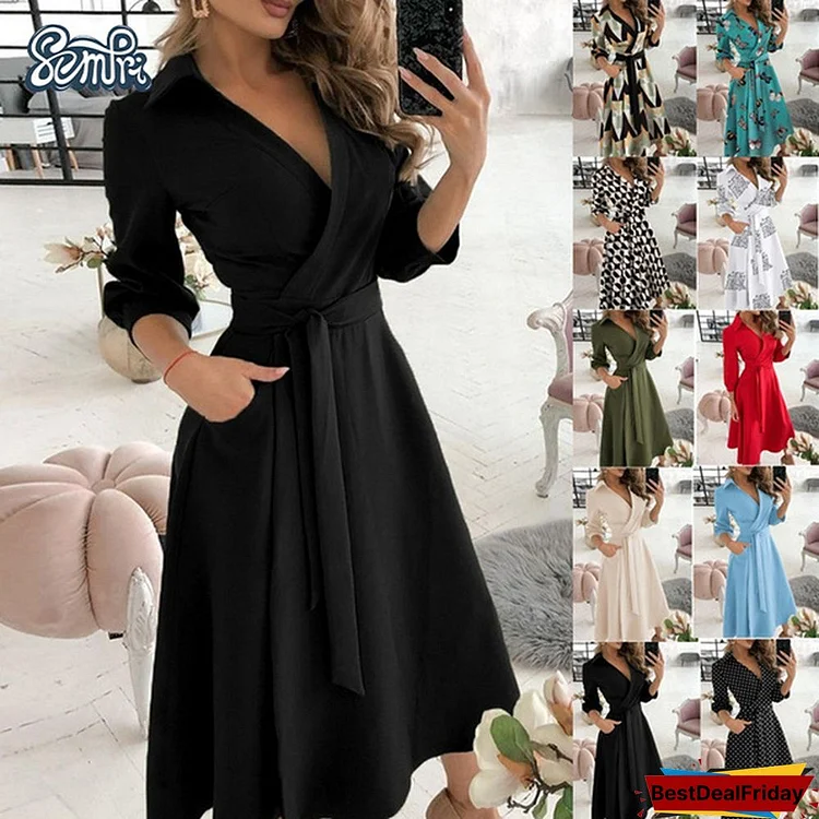 Fashion V-neck Print Dress Summer Casual Dress Belt Lace Up Party A Line Prom Dress Long Sleeve Ladies Tunic Dress