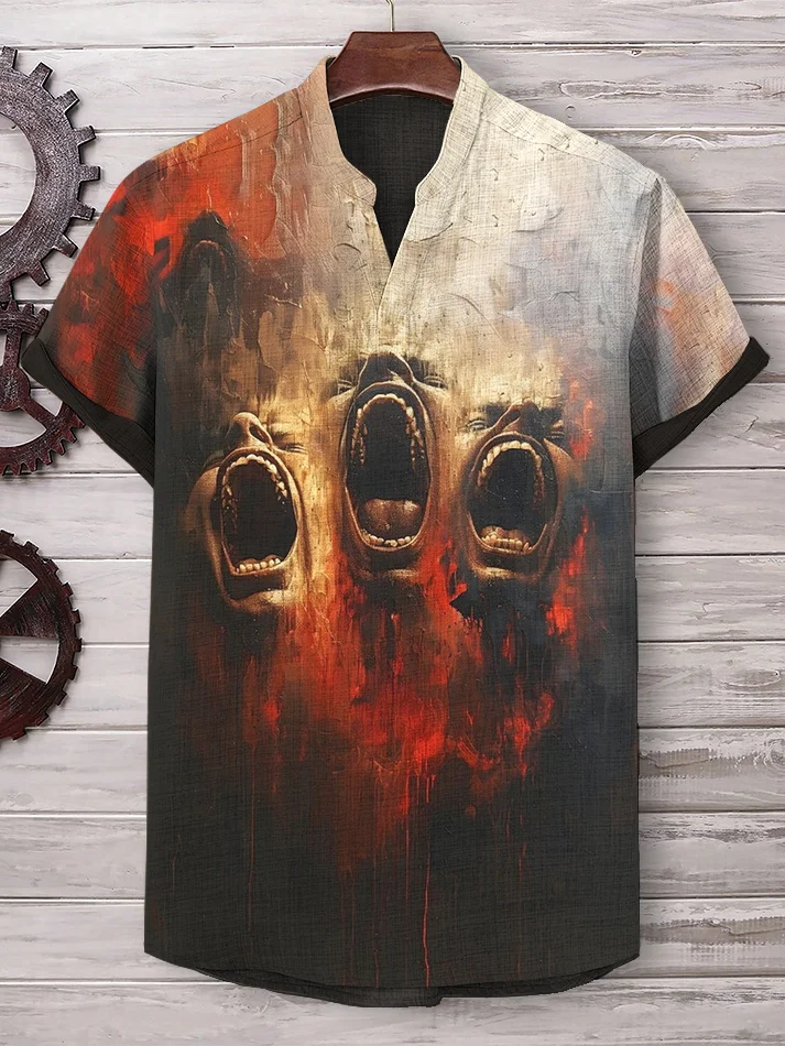 Men's Screaming People Oil Painting Print Linen Blend V Neck T-Shirt