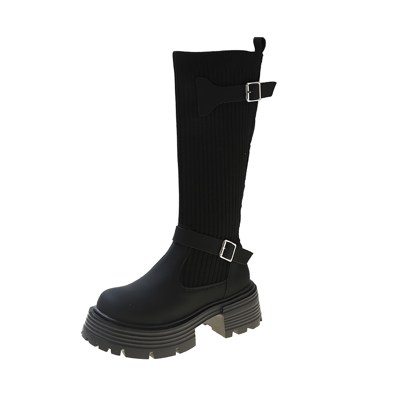 GOOSHOE Knitted Wool Splicing PU Women's Knee High Boots Thick Soled Rubber High Shoes High Waterproof Platform Street Socks Boots