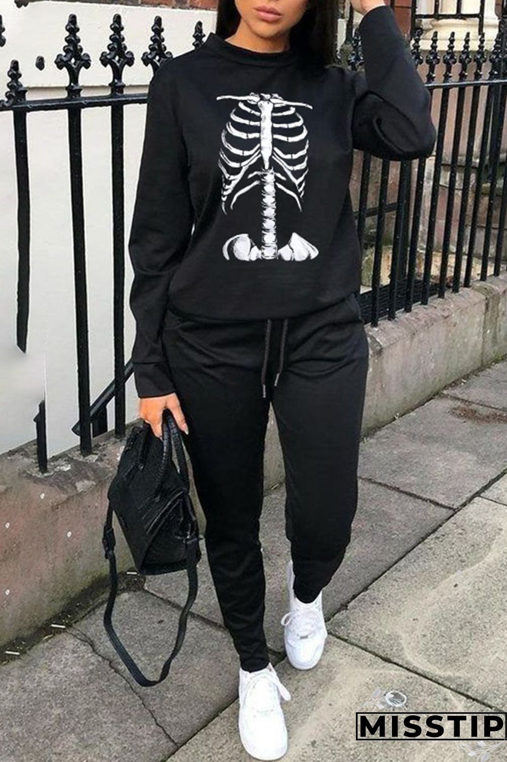 Black Casual Print Patchwork O Neck Long Sleeve Two Pieces