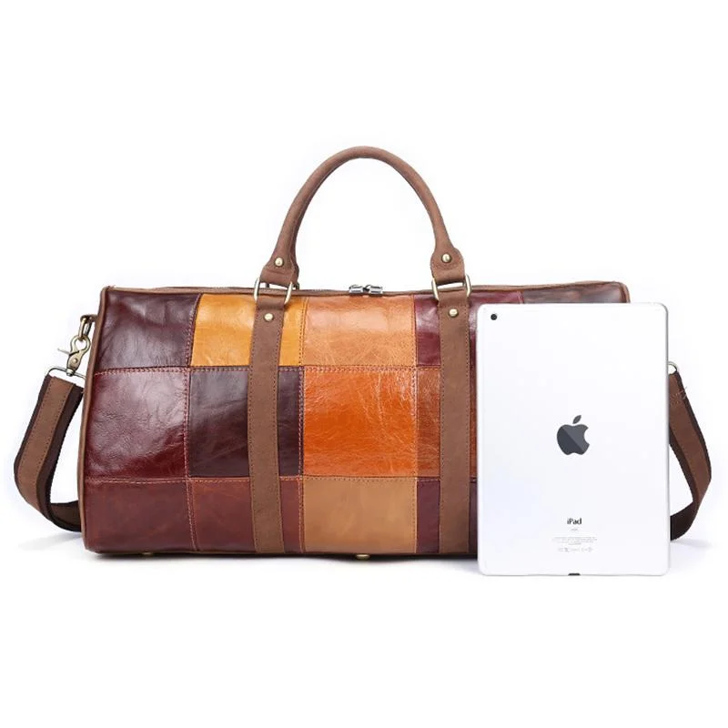 Unisex Leather Large Capacity Multicolor Patchwork Duffel Bags Travel Bag