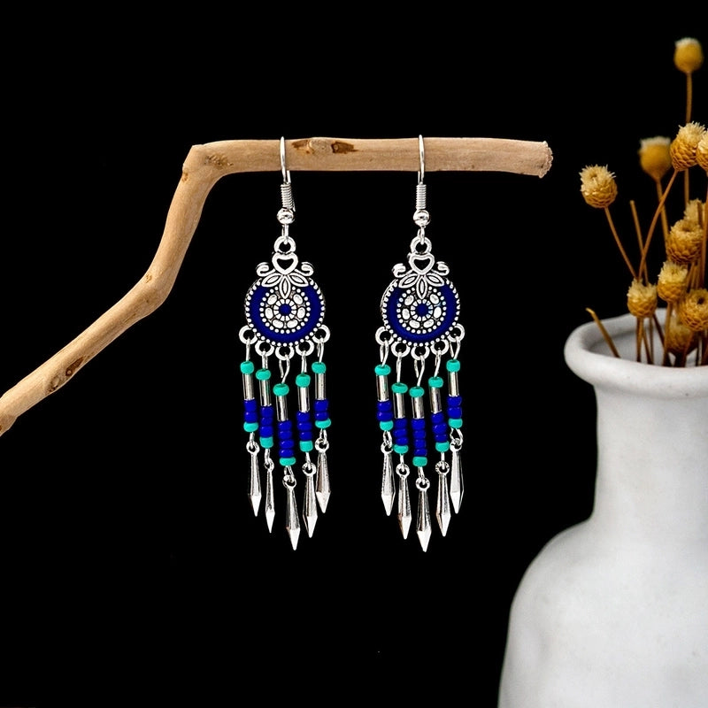 Bohemian Blue Turquoise National Style Earrings Imitation Miao Silver Metal Earrings Vintage Tassel Earrings