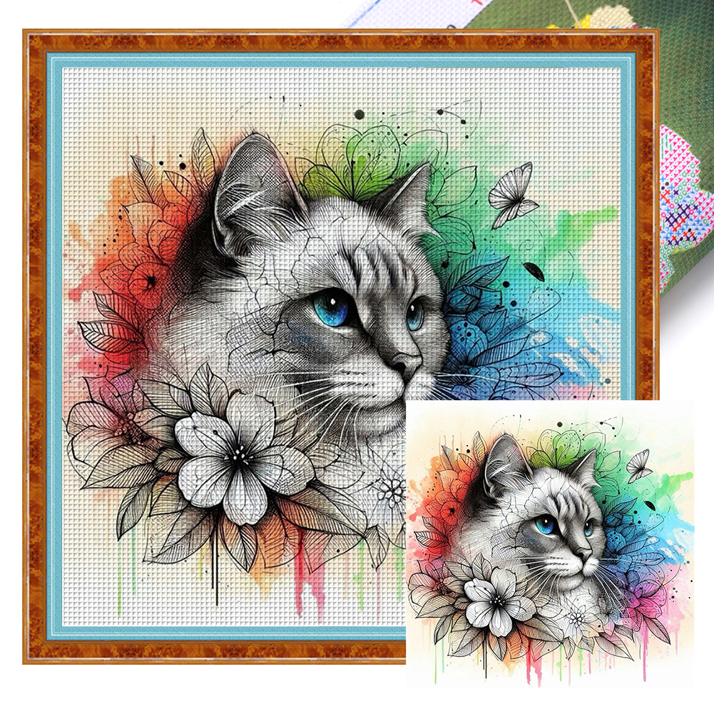 Flower Cat Full 11CT Pre-stamped Canvas(45*45cm) Cross Stitch