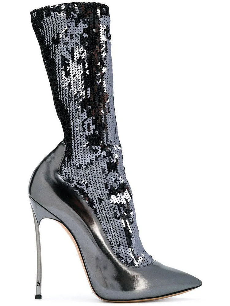 Silver Sequin Pointy Toe Mid Calf Boots with Blade Heels Vdcoo