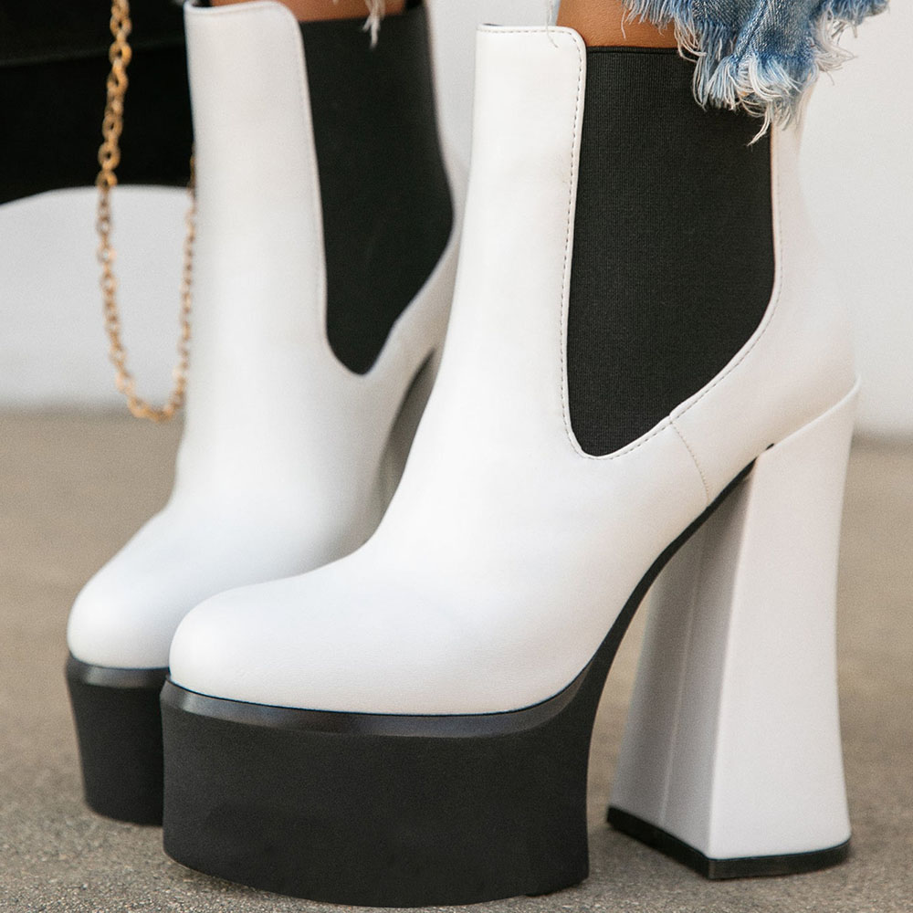 White & Black Platform Booties Round Toe Chunky Heel Chelsea Boots Nicepairs