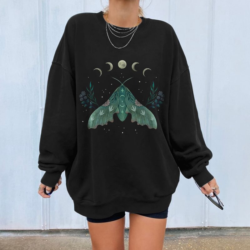 Green Moth And Moons Printed Women's Cozy Sweatshirt