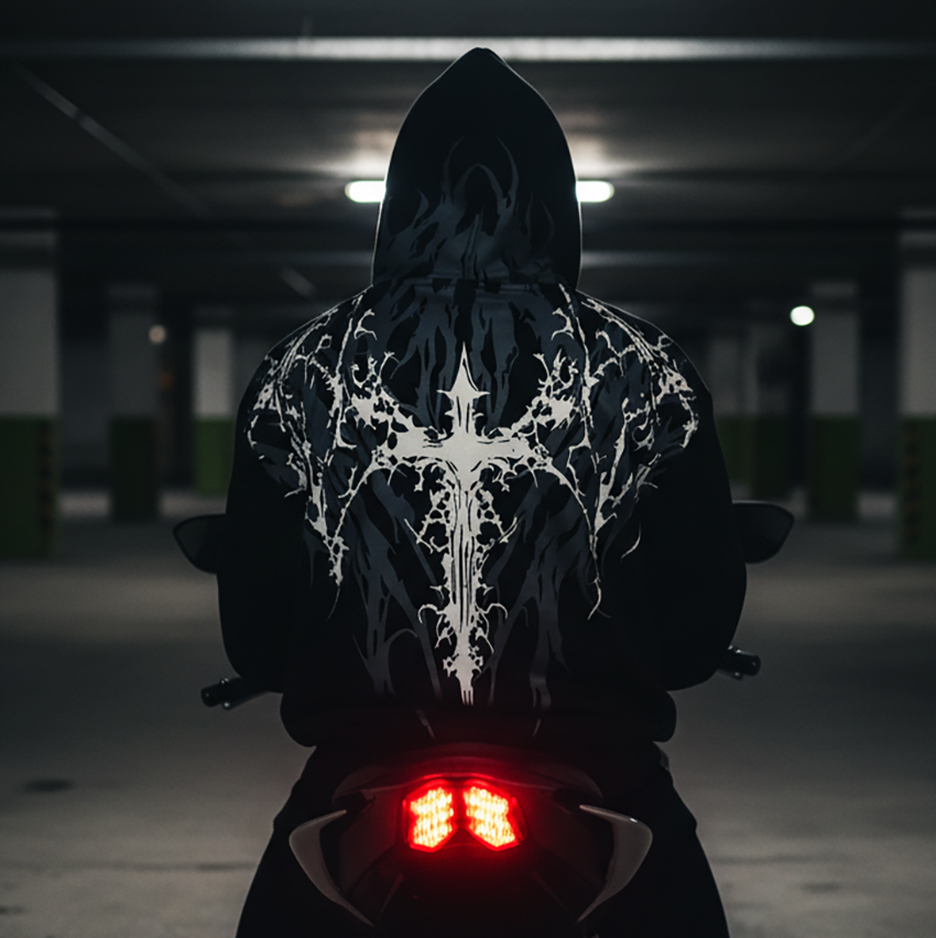 Street Cycling Reflective 3D Flame Print Oversized Hoodie