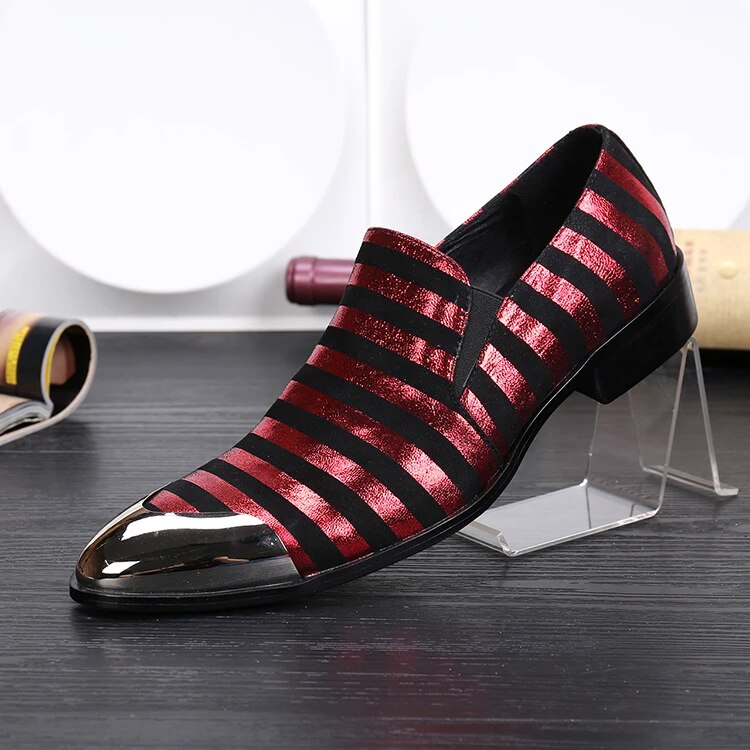 VCSHOES Men's Party Prom Shoes Genuine Leather Male Red Stripe Metal Pointed Toe Shoes Man Large Size Shoes