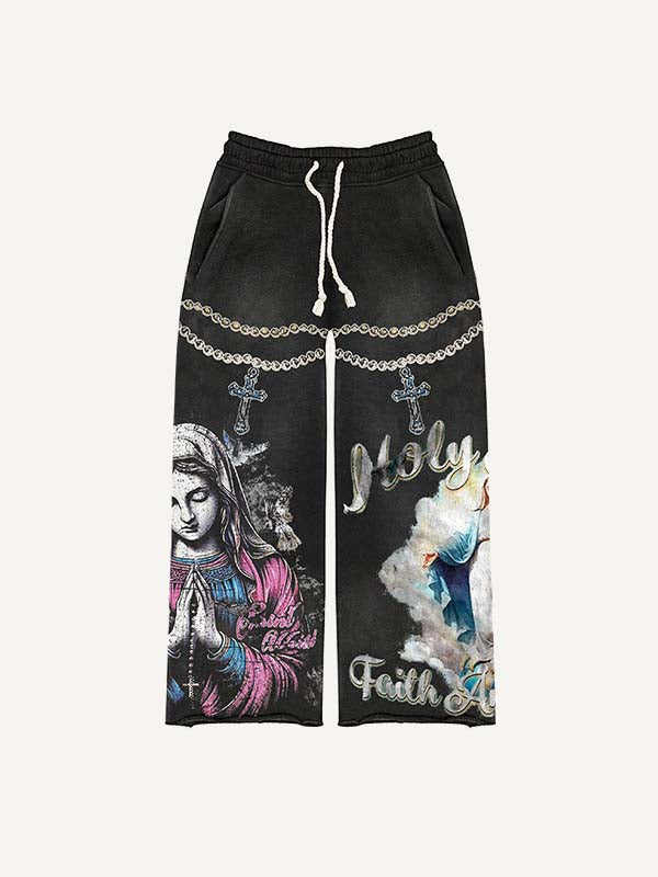 Mary&Pray&Cross&Letter&Pigeon Print Elastic Waist Pants