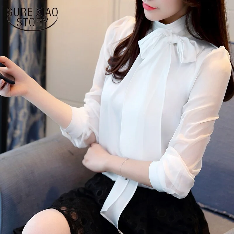 2021 New Summer Fashion Tunic Women Blouse Shirts Long Sleeve Tie Bow Chiffon Turtleneck Formal Women White Black Shirts 0599 30