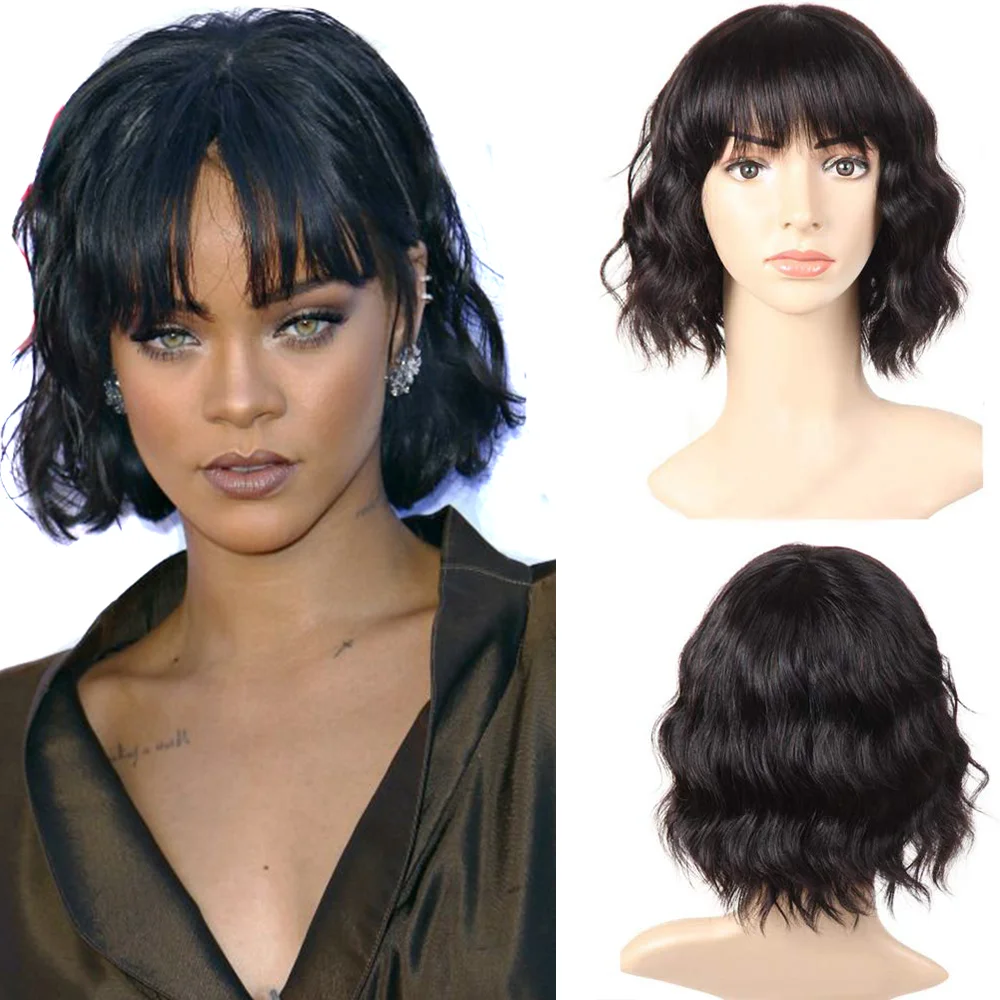 Jewtribute Hair®|Short Black Wavy Bob Wig with Bangs 
