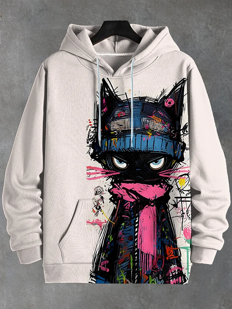 Men's Graffiti Cool Black Cat Print Hooded Sweatshirt