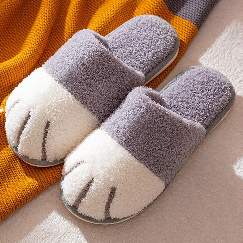 Winter House Cute Cat paw Slipper Women Fur Slippers Bedroom Floor Mute Lovers Plush Shoes Nonslip Indoor Women Fluffy Footwear