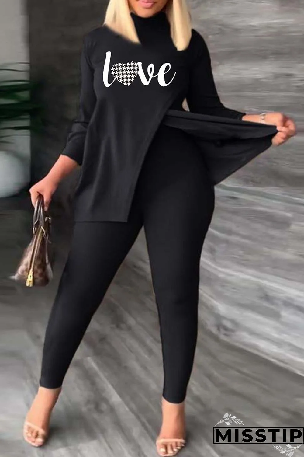 Black Green Casual Print Slit Turtleneck Plus Size Two Pieces