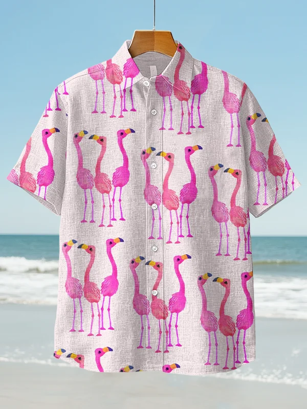 Men's Cartoon Flamingo Watercolor Art Print Short Sleeve Shirt