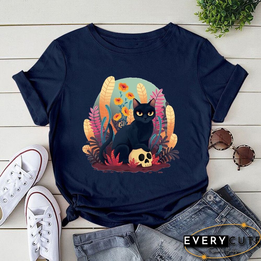 Cute Cat Print T-shrits For Women Summer Short Sleeve Round Neck Cute Loose T-shirt Creative Personalized Ladies Tops