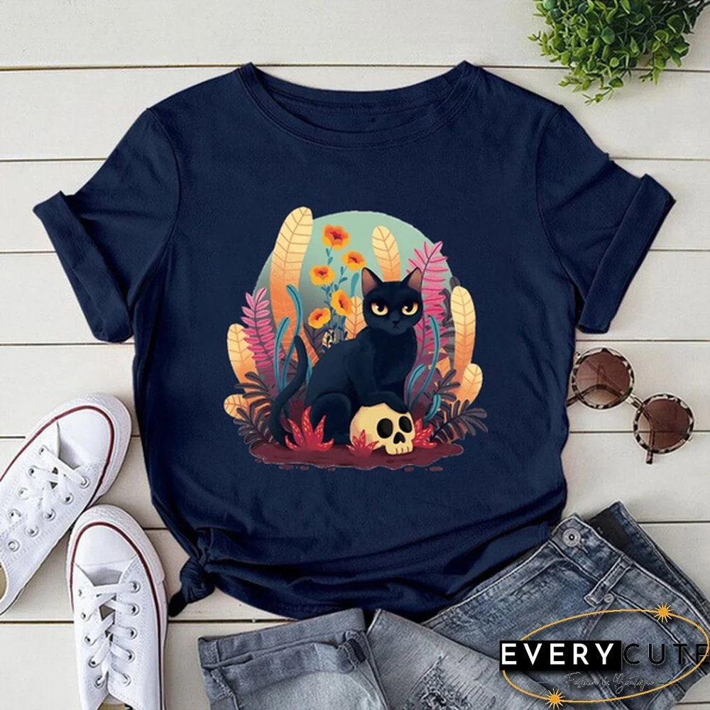 Cute Cat Print T-shrits For Women Summer Short Sleeve Round Neck Cute Loose T-shirt Creative Personalized Ladies Tops