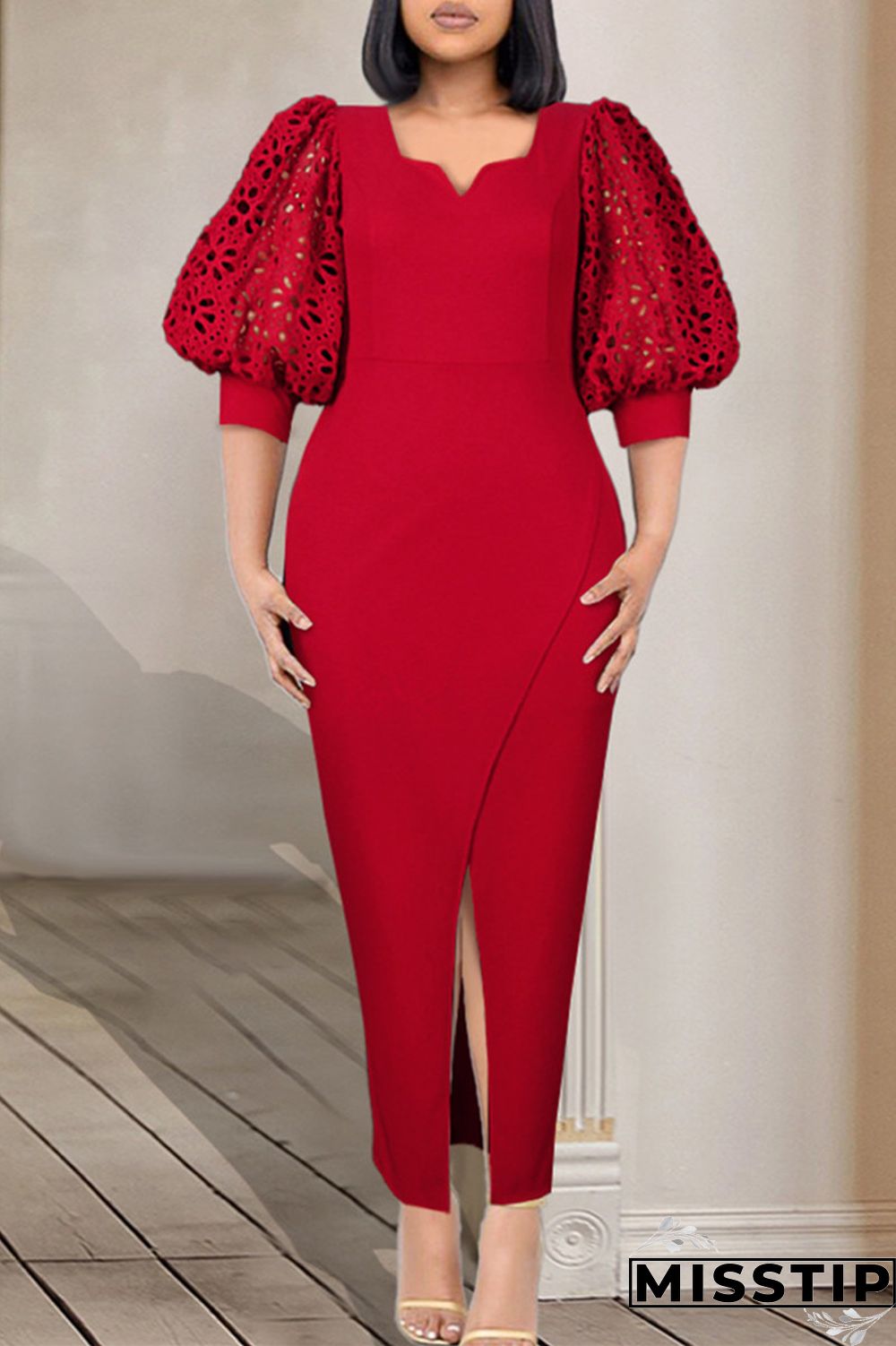 Red Fashion Casual Solid Patchwork Slit V Neck Evening Dress Dresses