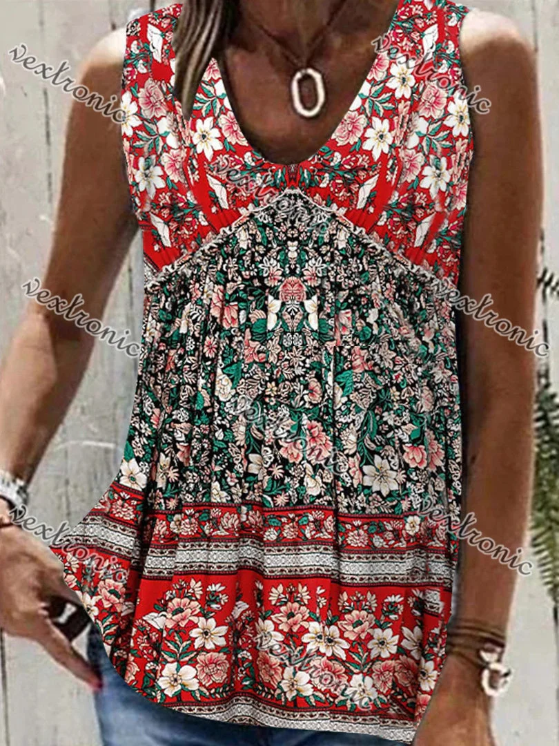 Women Sleeveless Scoop Neck Floral Printed Stitching Women Tops