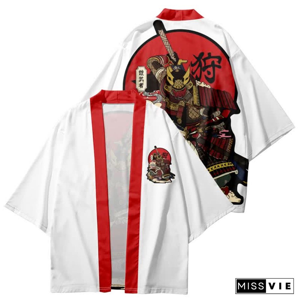 Vintage Cat Warriors Print Cardigan Kimono Outerwear