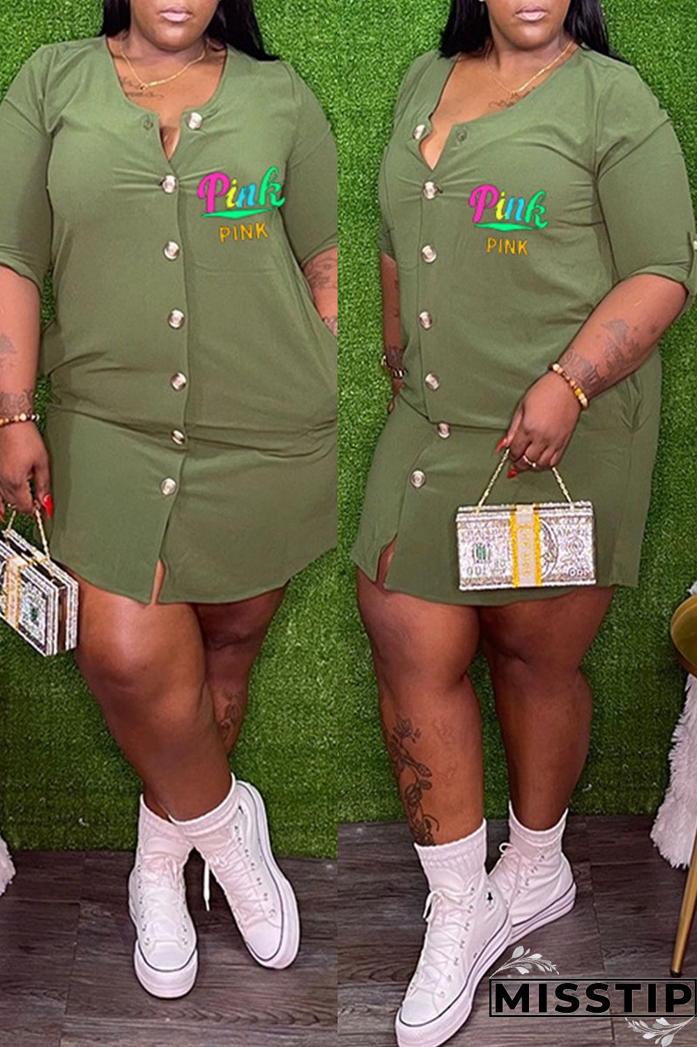 Black Casual Print Patchwork Buckle O Neck Straight Plus Size Dresses