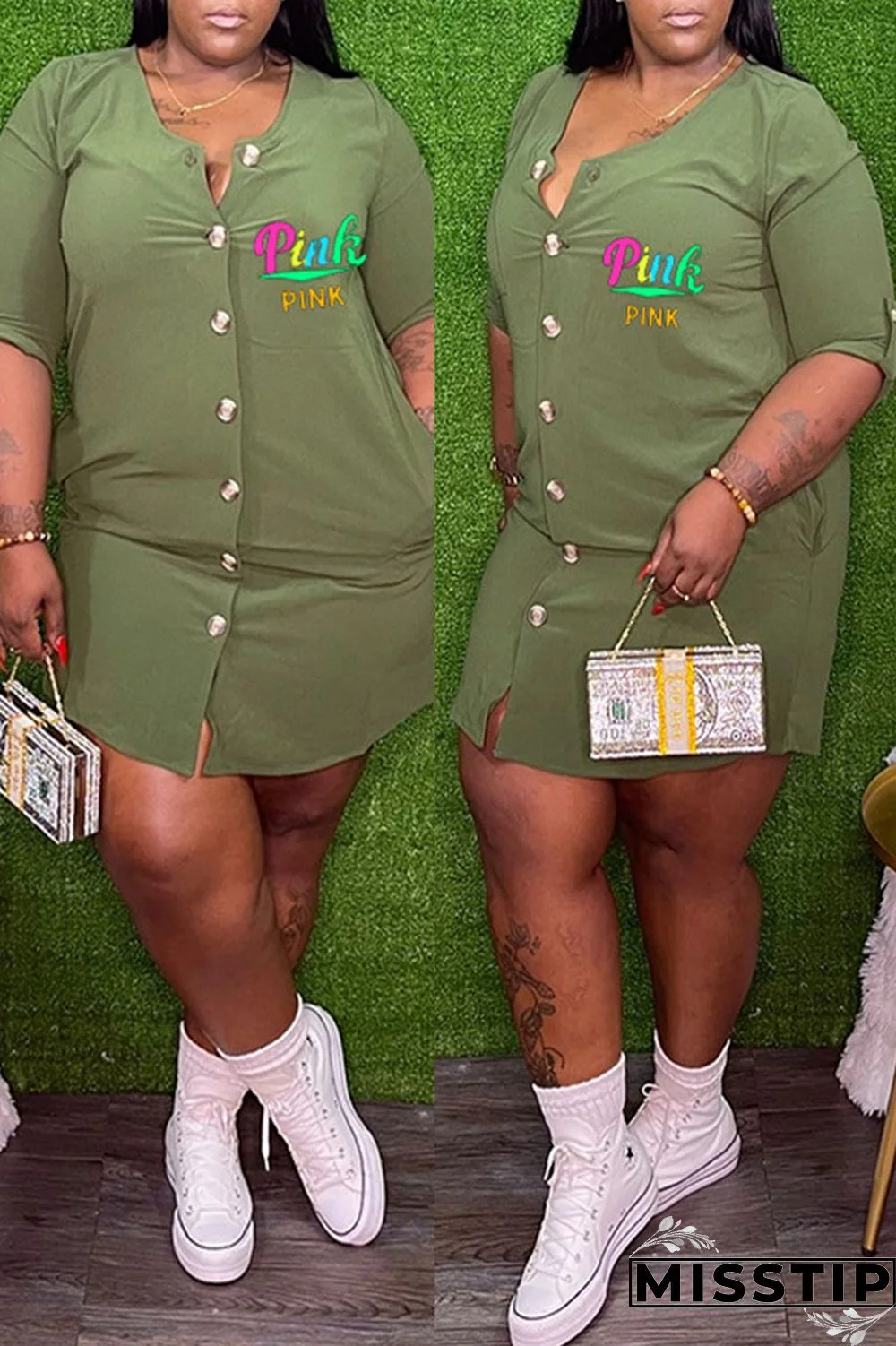 Black Casual Print Patchwork Buckle O Neck Straight Plus Size Dresses