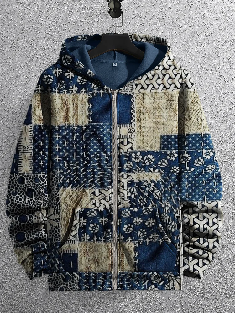Men's Japanese Embroidered Fiber Art Patchwork Full Zip Hoodie