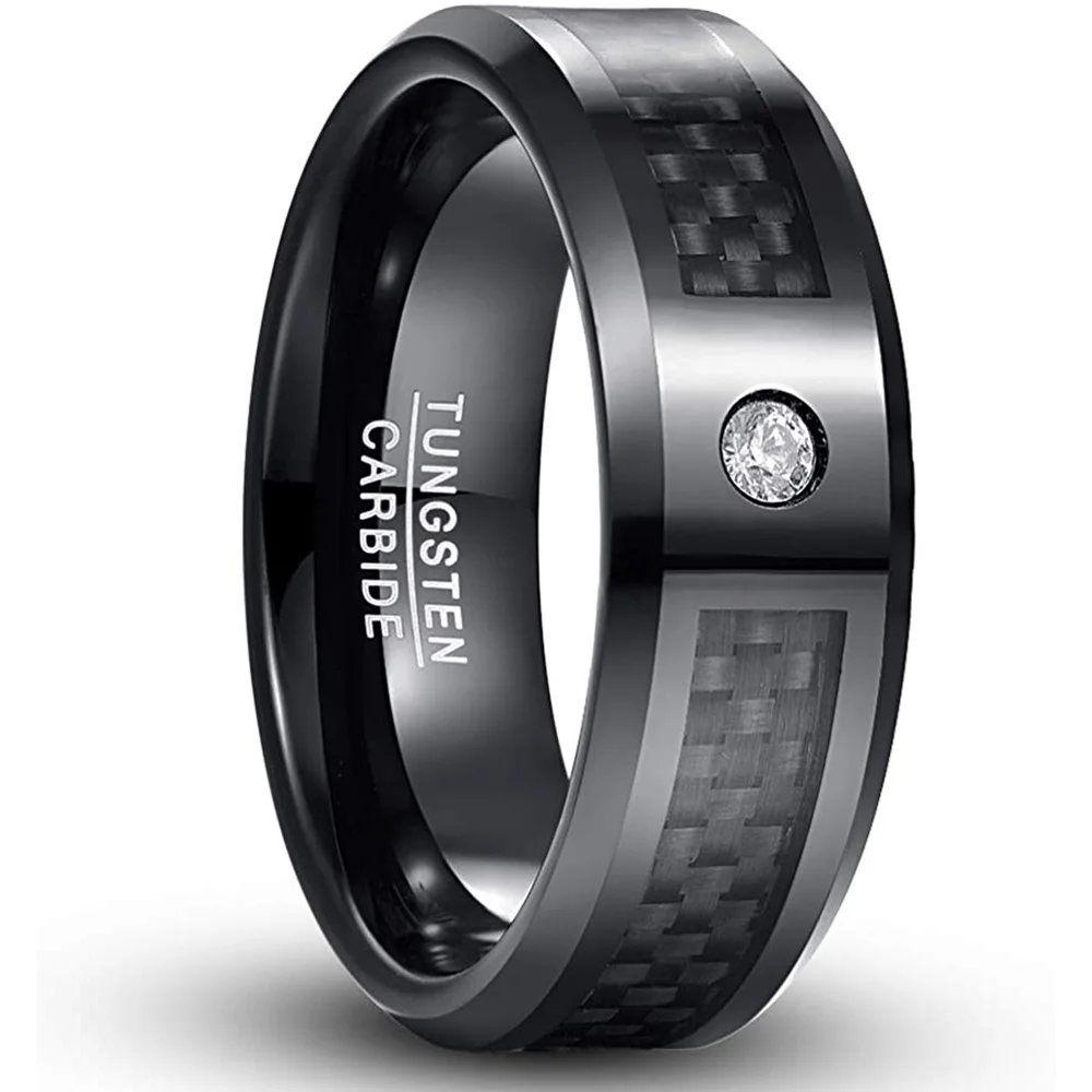 8MM Women Or Men's Black Tungsten Matching Carbide Rings with CZ Inlay Carbon Fiber Couple Wedding Band Beveled Edge Comfort Fit Womens Mens Rings