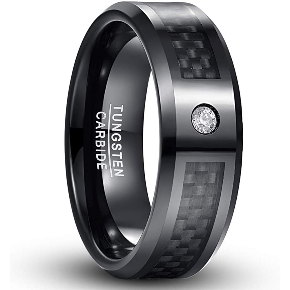 4MM 6MM 8MM 10MM Women Or Men's Black Tungsten Matching Carbide Rings with CZ Inlay Carbon Fiber Couple Wedding Band Beveled Edge Comfort Fit Womens Mens Rings
