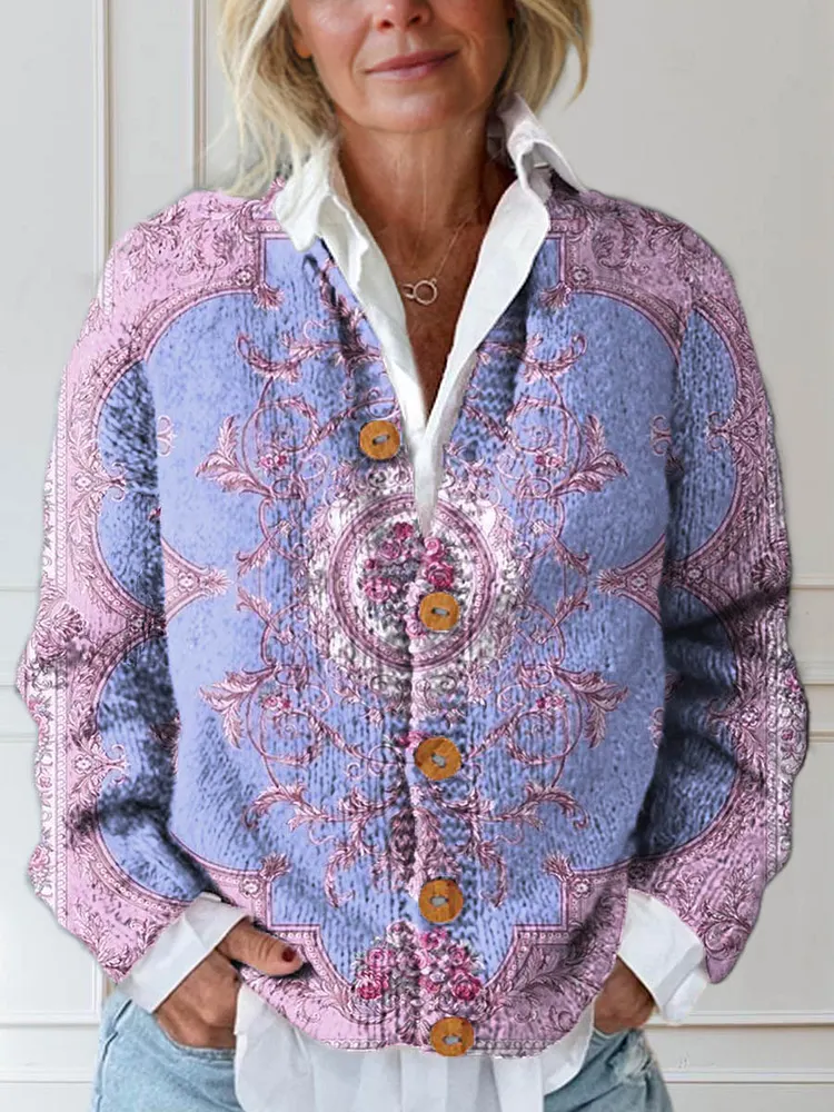 Women's Vintage Floral Pattern Art Print Buttoned Cardigan Sweater