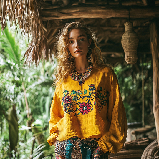 Retro Bohemian Floral Art Embroidery Print Cotton And Linen Blend Loose Blouse