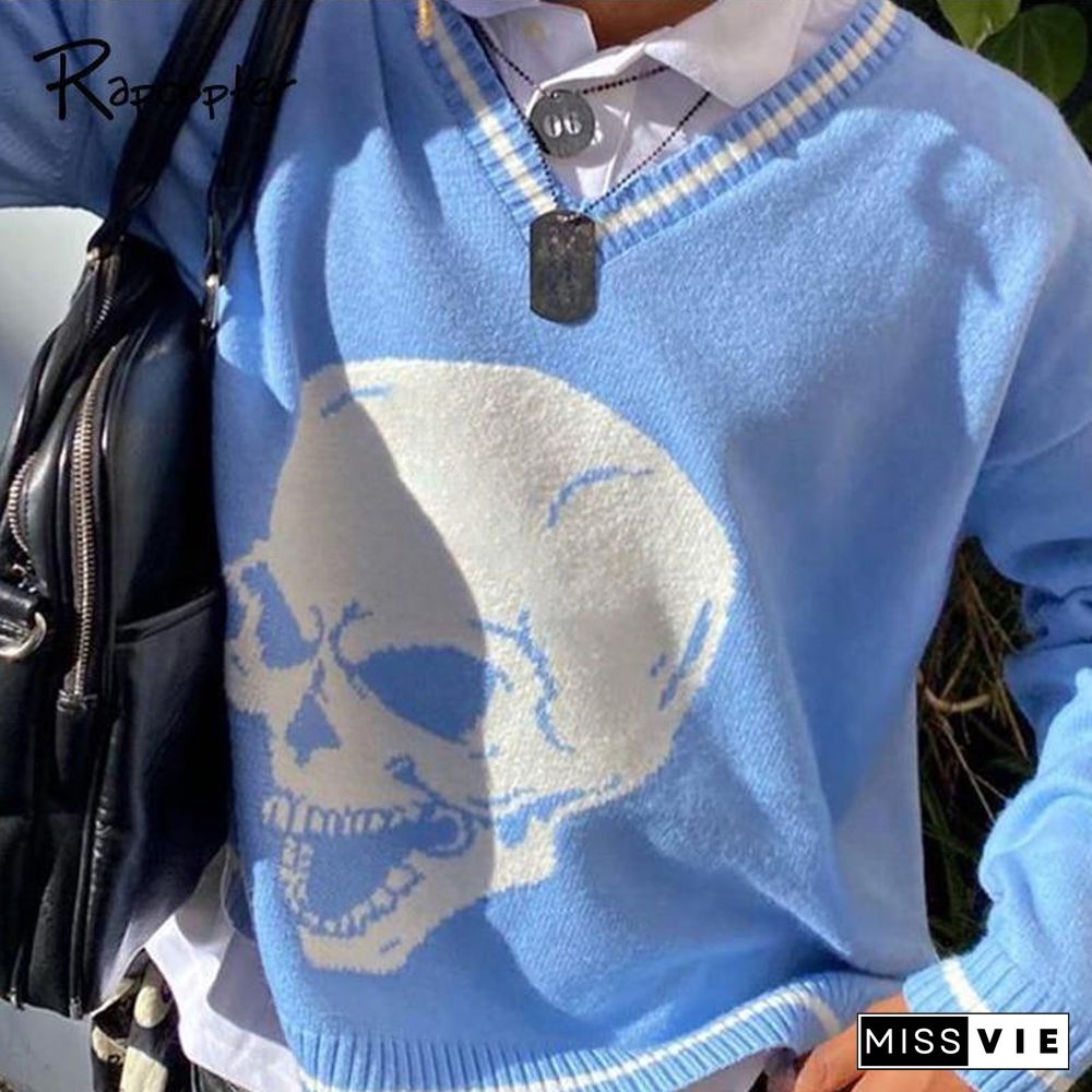 Rapcopter Y2K Sweaters Skulls Pullovers V Neck Knitwear Loose Casual Knitted Tops Women Streetwear Retro Tops Blue Autumn