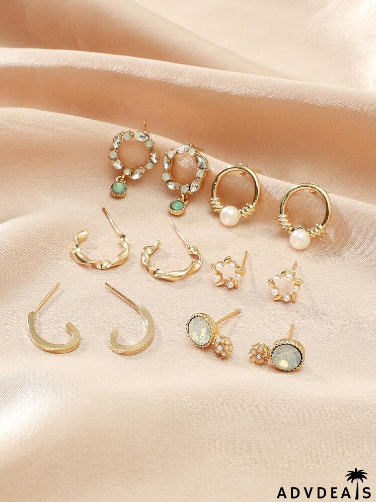 6pairs Rhinestone Decor Earrings