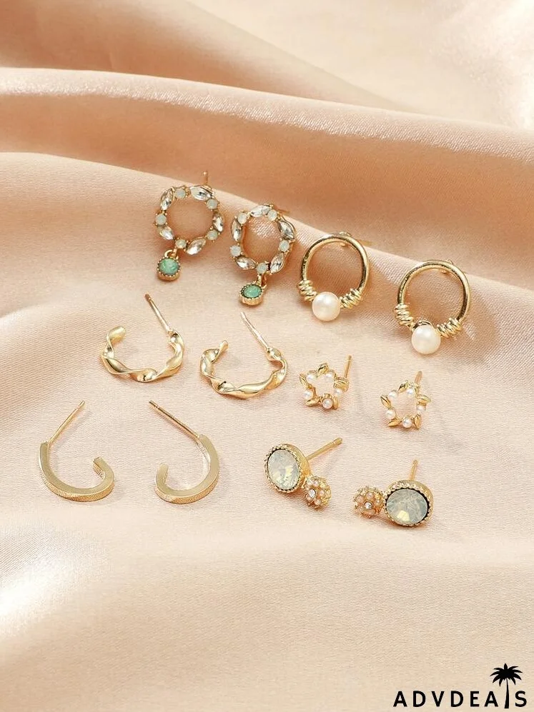 6pairs Rhinestone Decor Earrings