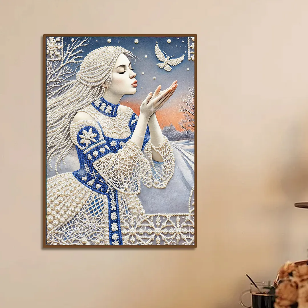 Winter Maiden Special Shaped DIY Partial Drill Pearl Diamonds Painting for Adults Beginners Home Decor Pearl Gem Paintings Picture Arts Craft 11.81x15.75In