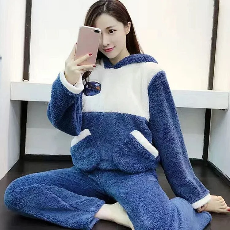 Mostsbrand Pajama Suit Thickened Winter Flannel Housewear Women's Warm Pajama Top Trousers 2-piece Hooded Pajamas Casual Sleeping Clothes