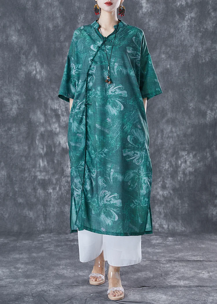 Chinese Style Blackish Green Oversized Print Linen Long Dress Summer